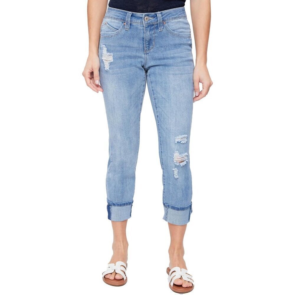 Womens Petite Cuff Jeans Mid Rise Fitted Denim Trendy Casual Fit